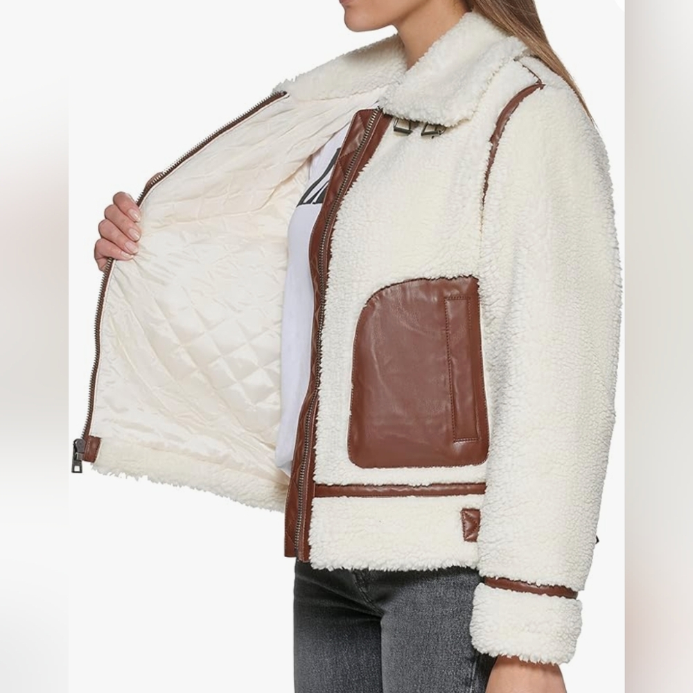 🆕 NWT Levi's zip-up faux leather and sherpa jacket with contrast piping - Picture 5 of 8